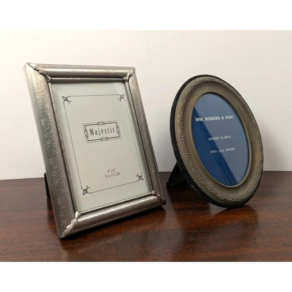 Pewter Tone Photo Frames Majestic 4x6 & WM Rogers Silver Plated 3x5 Oval Lot 2